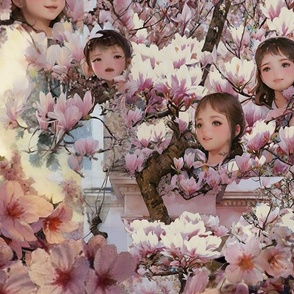 anime, girls, cute, beautiful, smiling, blooming, spring surrealism, sakura, magnolia, atmosphere