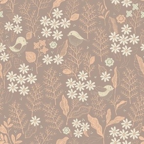 Ivory flowers,leaves and bird ~ embroidered style in classic taupe ~vintage  style