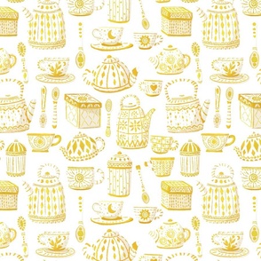 12" Ornate Tea Party  Set - Teacups, Teapots, Tea Tins, & Spoons - White and Golden Yellow