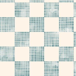 large scale checkerboard watercolor texture with grid lines teal green on cream
