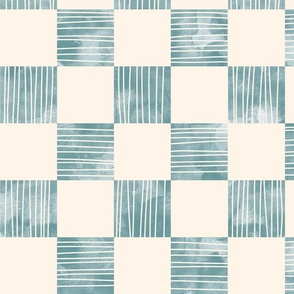 large scale checkerboard watercolor texture with stripes teal green on cream