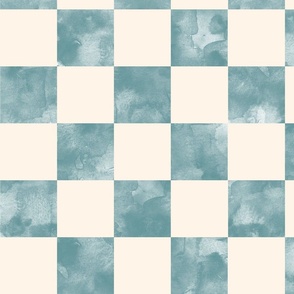large scale checkerboard watercolor texture teal green on cream