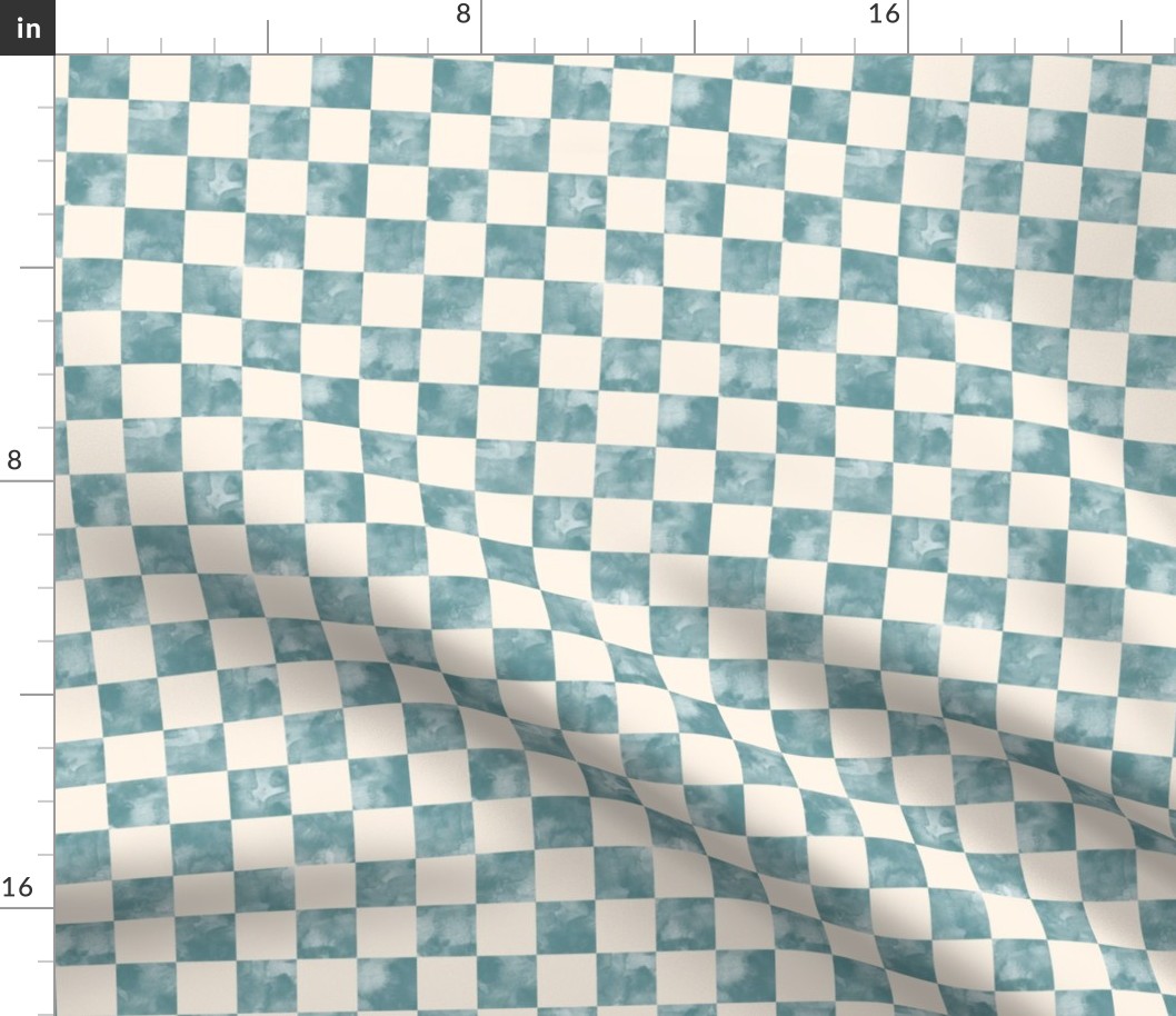 small scale checkerboard watercolor texture teal green on cream