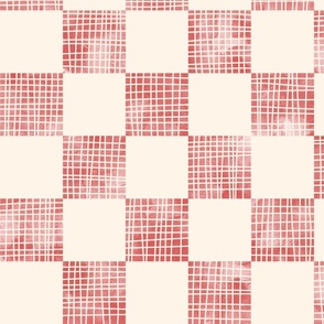 large scale checkerboard watercolor texture with grid lines red on cream