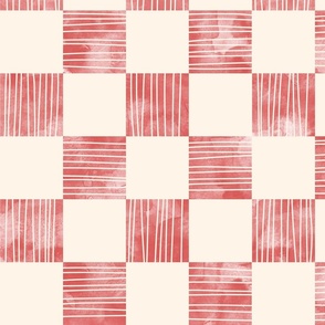 large scale checkerboard watercolor texture with stripes red on cream