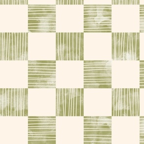 large scale checkerboard watercolor texture with stripes green on cream