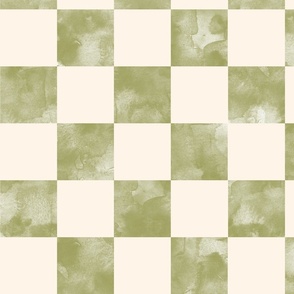 large scale checkerboard watercolor texture green on cream