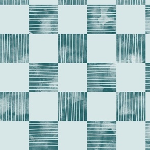 large scale checkerboard watercolor texture with stripes dark teal green on blue