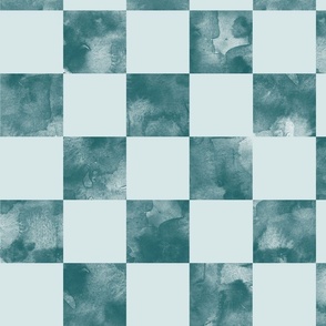 large scale checkerboard watercolor texture teal green on light blue