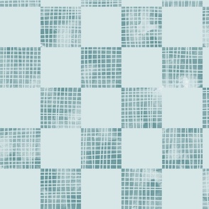 large scale checkerboard watercolor texture with grid lines teal green on light blue