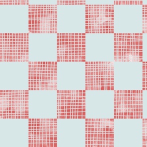 large scale checkerboard watercolor texture grid lines red on light blue