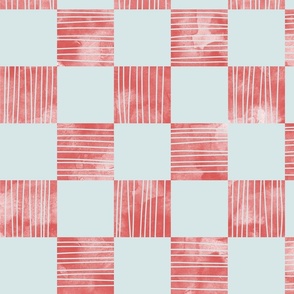 large scale checkerboard watercolor texture with stripes red on robins egg blue