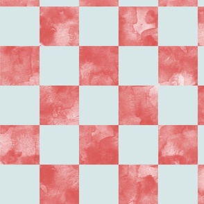 large scale checkerboard watercolor texture red on duck egg blue