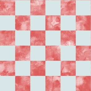 checkerboard watercolor texture red on duck egg blue