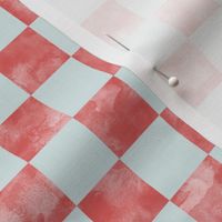 small scale checkerboard watercolor texture red on duck egg blue