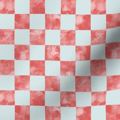 small scale checkerboard watercolor texture red on duck egg blue
