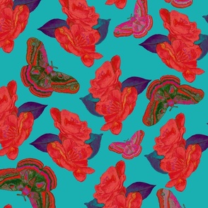 Funky Red Camellia and Butterflies on vivid turquoise XL