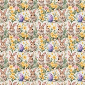 Easter Bunnies with Easter Eggs and Spring Flowers 