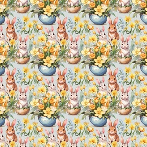 Cute Easter Bunnies with Spring Flowers 