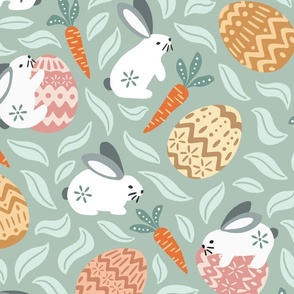 Playful easter bunnies and eggs - rabbit egg hunt  - pastel blue - large scale for bedding and wallpaper