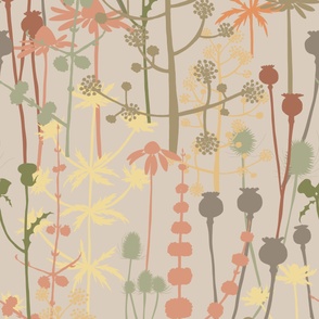 Jumbo - A maximalist floral Fall meadow of bold, colourful, hand drawn silhouettes for the most exciting of wallpapers. Multi-colored warm and faded  flowers on a soft beige background.