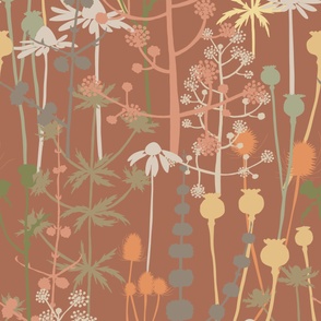 Jumbo - A maximalist floral Fall meadow of bold, colourful, hand drawn silhouettes for the most exciting of wallpapers. Multi-colored warm and faded  flowers on a rich rust background.