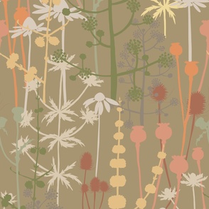 Jumbo - A maximalist floral Fall meadow of bold, colourful, hand drawn silhouettes for the most exciting of wallpapers. Multi-colored warm and faded  flowers on a muted sage green background.