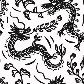 Japanese dragons block print black and white - year of the dragon 2024 - medium scale