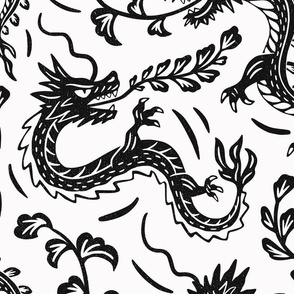  Japanese dragons block print black and white - year of the dragon 2024 - large scale for bedding and curtains
