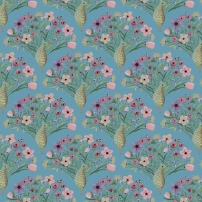 Dainty damask pattern of cutesy nursery floral on peacock tails for boys room wallpaper - small print.