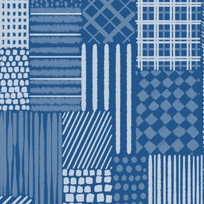 Cobalto Blue Cheater Quilt With Irregular Grid of  Stripes, Dots and Plaid Patterns, Large Scale, Monochromatic Cobalt