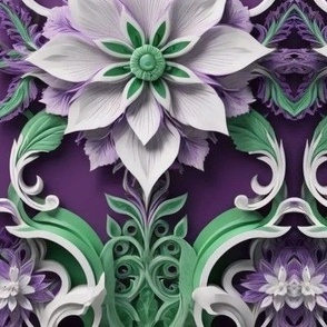 Purple & Green Harlequin White Lotus Damask