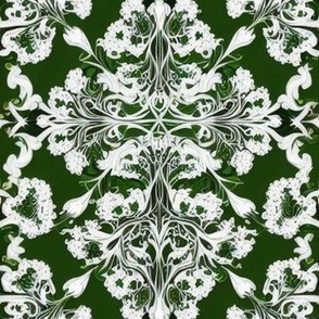 Dark Forest Green and White Damask 