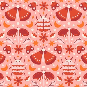 Cute seamless pattern with hand-drawn bugs and floral elements