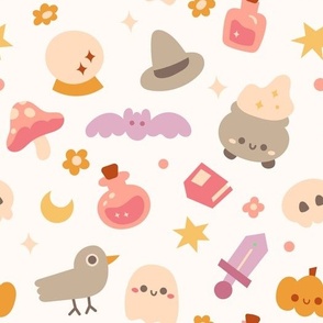 Seamless Halloween Pattern with mystical and cute elements