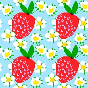 Mini Super Strawberry And Flower Blooms Cheerful Bright Red, White And Blue Garden Berry Fruit Retro Modern Pastel Sky Scandi Design Pattern With Yellow Accents