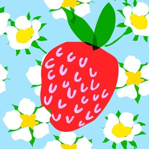 Super Strawberry And Flower Blooms Cheerful Bright Red, White And Blue Garden Berry Fruit Retro Modern Pastel Sky Scandi Design Pattern With Yellow Accents