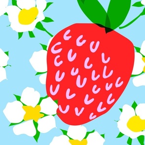 Big Super Strawberry And Flower Blooms Cheerful Bright Red, White And Blue Garden Berry Fruit Retro Modern Pastel Sky Scandi Design Pattern With Yellow Accents