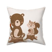 18x18 Panel Woodland Nursery Bear and Squirrel for Lovey or Pillow