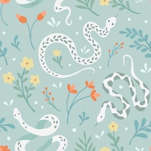 Cute seamless pattern with snake and floral elements