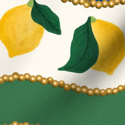 Kitchy lemons watercolor with wavy stripes and gold pearls (Large) (Textured version)