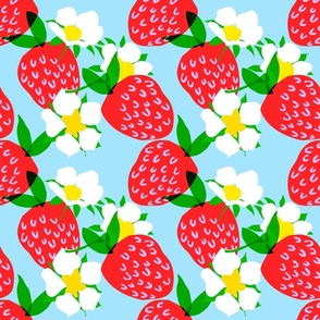 Strawberry Party Mini Cheerful Bright Red, White And Blue Garden Berry Fruit And Flower Blooms Retro Modern Pastel Sky Scandi Design Pattern With Yellow Accents