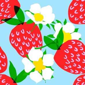 Strawberry Party Cheerful Bright Red, White And Blue Garden Berry Fruit And Flower Blooms Retro Modern Pastel Sky Scandi Design Pattern With Yellow Accents