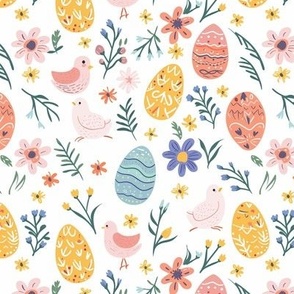 Small easter fabric pattern with easter eggs, easter birds and easter flowers