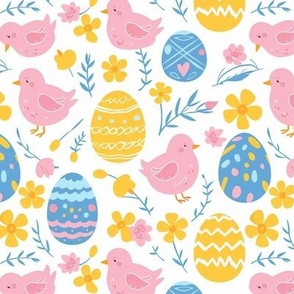 Easter eggs, easter chicks and easter flowers festive pattern