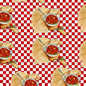 Hearty Pot Of Soup, Red Checkerboard Tablecloth