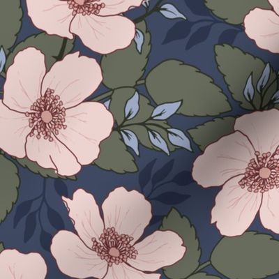 Pink Wild Roses on a dark blue background, LARGER