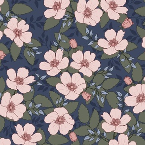 Pink Wild Roses on a dark blue background, LARGER