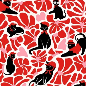 Hats Off Cat-ture- Fashionista Black Cats Valentine in Pink and Red Hearts Daisy Garden on Linen- Large Scale