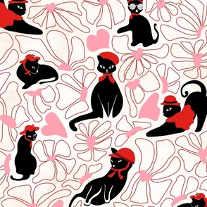 Hats Off Cat-ture- Fashionista Black Cats Valentine in Pink and Red Hearts Line Daisy Garden on Linen- Large Scale 